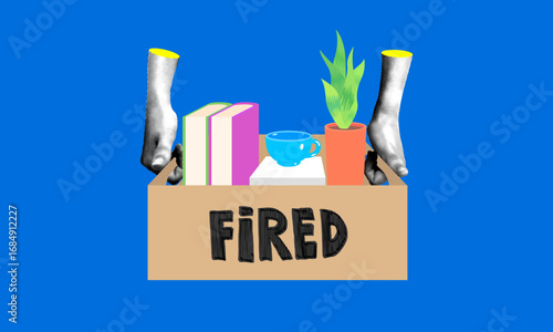 Fired from work. Fired employee holds cardboard box with belongings with word Fired written on it. Dismissed employee. Layoff, business crisis, employee job reduction. Losing job. Unemployment