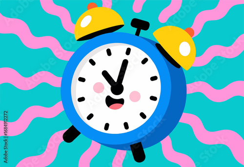 Playful Blue Alarm Clock on Wavy Pastel Background