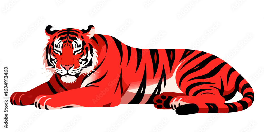 Fototapeta premium Resting Tiger in Bold Red Stripes, Lying Down, Vibrant and Majestic
