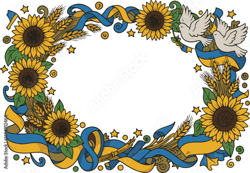 Decorative Frame with Sunflowers and Ribbons in Doodle Cartoon Style. Defenders Day Ukraine