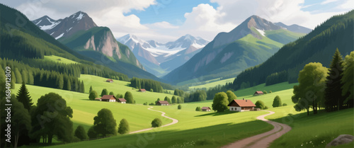 Serene Mountain Valley with Green Meadows and Farmhouses
