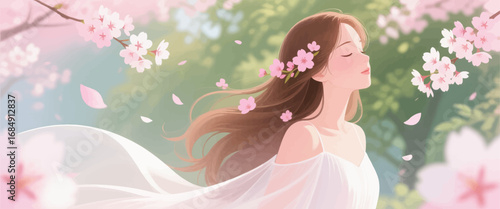 Serene Woman Amidst Cherry Blossoms in Spring