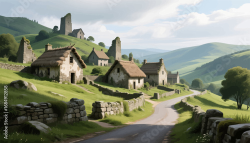 Rustic Village Pathway with Stone Cottages and Castle Ruins in Rolling Hills