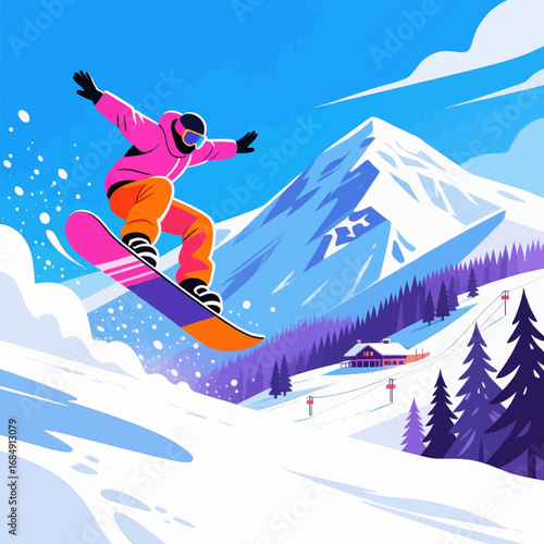 Snowboarder in Action: Mountain Thrill in Winter Wonderland