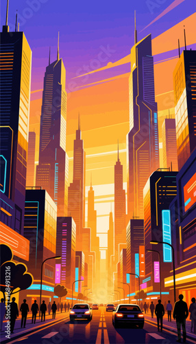 Vibrant City Sunset: Neon Lights and Skyscrapers