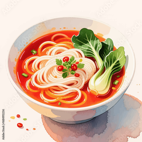 Vibrant Spicy Noodle Bowl with Bok Choy and Red Sauce