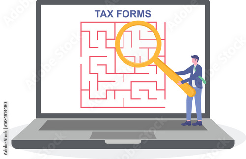 Businessman analyzing maze of tax forms on clipboard concept financial compliance and regulations


