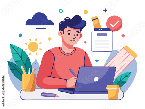 Creative freelancer working on laptop with task management tools and nature elements