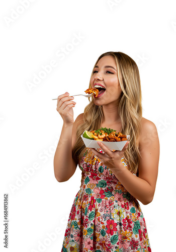 Smiling Young Woman Eating Street Food with Transparent Background