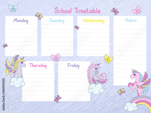 A vibrant school timetable featuring unicorns and pastel colors, designed for organizing weekly activities. Includes sections for each weekday and notes with decorative elements.