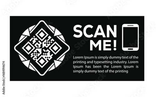 Promotional QR code graphic with “Scan Me!” text, smartphone icon, and placeholder content. Ideal for marketing, digital campaigns, and interactive print or web design templates.