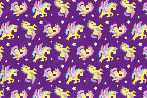 Vibrant vector illustration featuring yellow unicorns with colorful manes and wings, arranged in a seamless pattern against a purple background adorned with whimsical stars