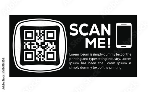 Promotional QR code graphic with “Scan Me!” text, smartphone icon, and placeholder content. Ideal for marketing, digital campaigns, and interactive print or web design templates.