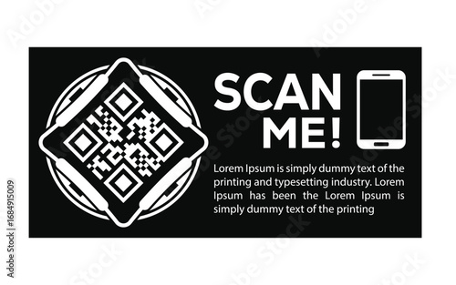 Promotional QR code graphic with “Scan Me!” text, smartphone icon, and placeholder content. Ideal for marketing, digital campaigns, and interactive print or web design templates.