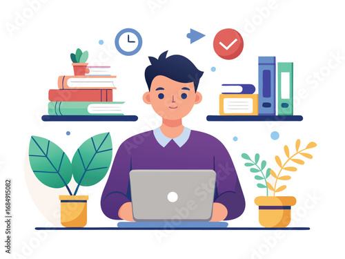 Focused freelancer working on laptop amidst books plants and time management symbols