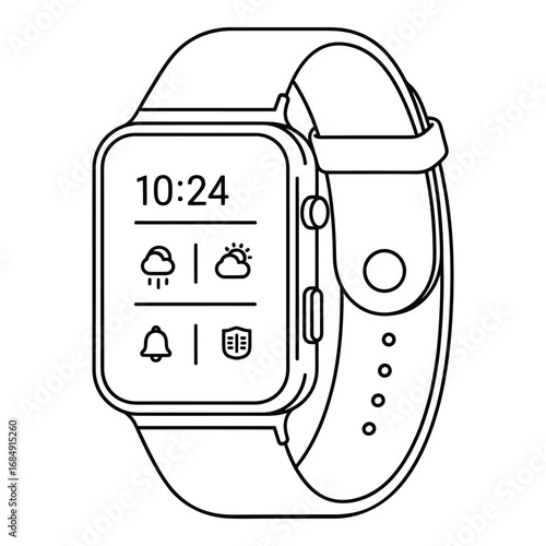 Black outline smartwatch displaying time weather and notifications icon technology