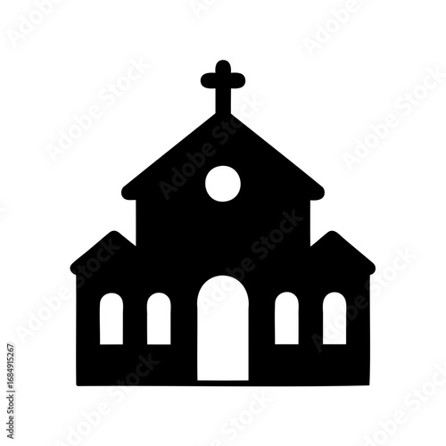 Simple black silhouette of a church with a cross on top
