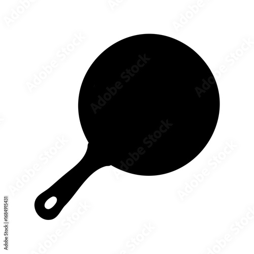 Black silhouette of a round frying pan with handle and hanging hole
