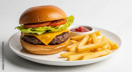 Delicious cheeseburger with lettuce, tomato, and fries, served with ketchup on a white plate.