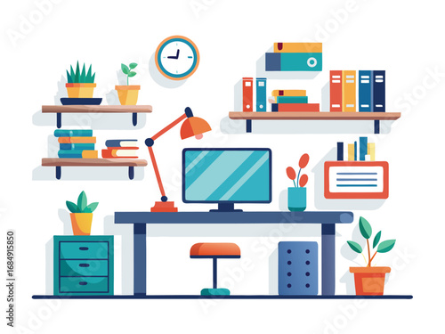 Cozy home office setup featuring a desk with computer plants and bookshelves for productivity