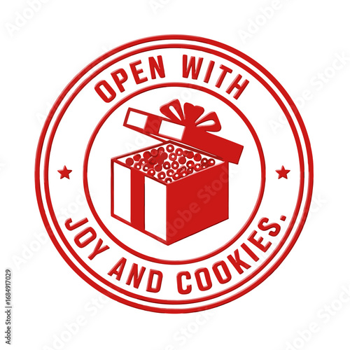 Red embossed circular stamp featuring an open gift box filled with cookies and the text open with joy and cookies isolated on transparent background