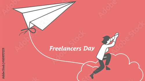 Freelancers day with paper airplane and person climbing cloud