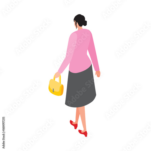 ピンクのトップスと黄色バッグを持つ女性アイソメトリックイラスト