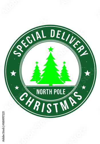 Green christmas stamp with trees and special delivery message from north pole isolated on transparent background