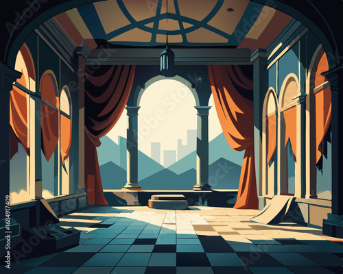 colorful illustration of an abandoned ballroom, decayed curtains, haunted ballroom
