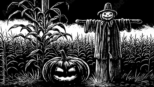 haunted field props for Halloween design, featuring a spooky scarecrow, cornstalks, and carved pumpkins, ideal for seasonal decorations, festive artwork, creative projects, and horror-themed