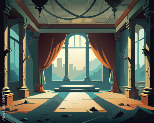 colorful illustration of an abandoned ballroom, decayed curtains, haunted ballroom
