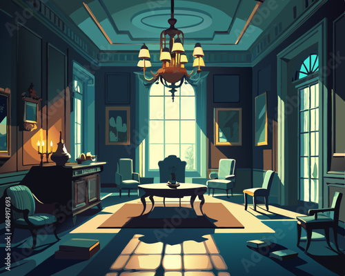 colorful illustration of an abandoned victorian parlor, flickering chandelier, haunted parlor