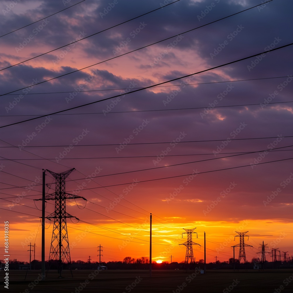 Fototapeta premium Dramatic power lines silhouetted against a vibrant sunset sky, perfect for energy, industry, and infrastructure themes.