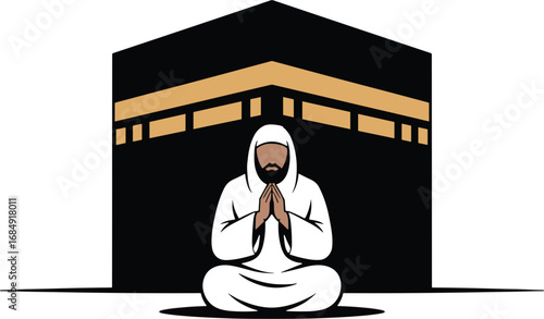Muslim Man Praying at Kaaba in Mecca Saudi Arabia Vector Illustration