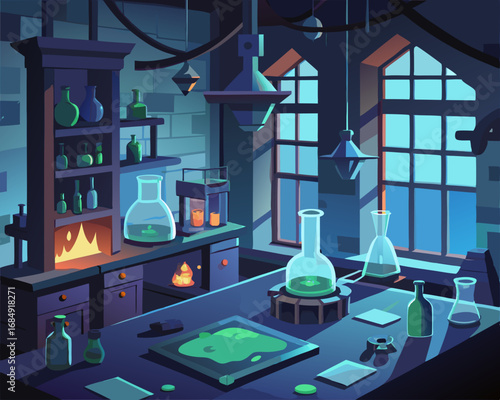 colorful illustration of a basement laboratory, shattered glass, creepy lab, abandoned laboratory