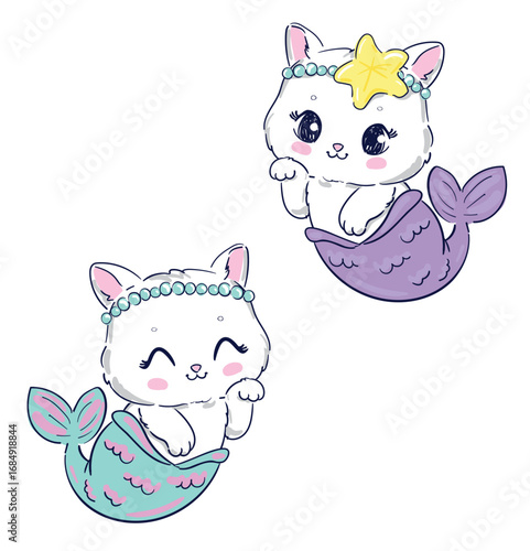 Hand Drawn Cute Cat Mermaid Cartoon Illustration Vector Kids print