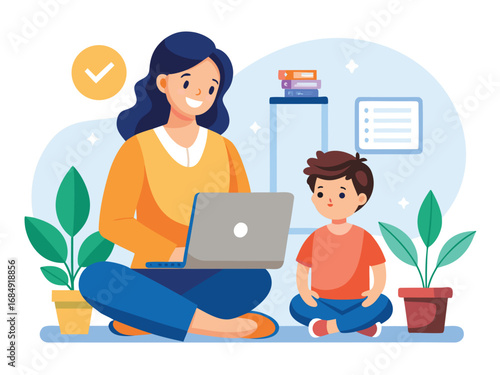 Mother working remotely on laptop with child nearby learning at home
