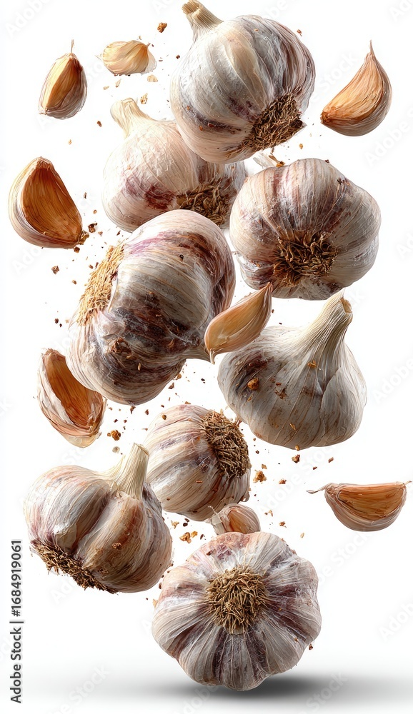 Fototapeta premium Garlic bulbs and cloves levitate, speckled with spice
