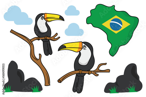 Colorful toucan birds and Brazil map with flag.Vector illustration.