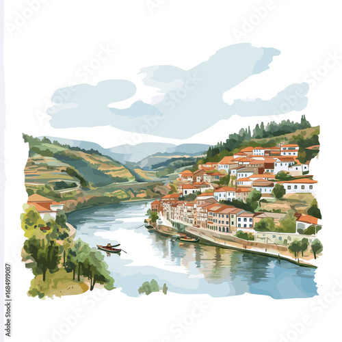 Douro Valley. Douro Valley watercolor vector illustration
