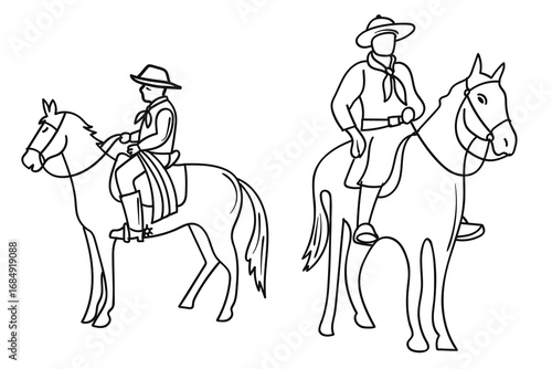 Hand-drawn doodle of a person on a horse, a coloring page for Brazilian culture.Vector illustration.