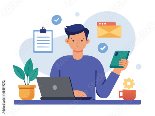Man focused on smartphone screen amidst laptop plant and coffee productivity scene