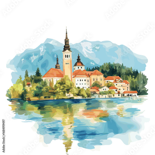 Lake Bled. Lake Bled watercolor vector illustration