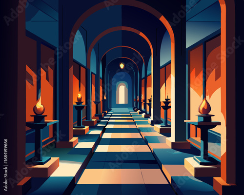 colorful illustration of a candlelit corridor where mirrors distort reality