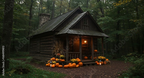 Cozy Rustic Log Cabin in Dark Forest with Autumn Pumpkins and Warm Light, decorated for Fall or Halloween
