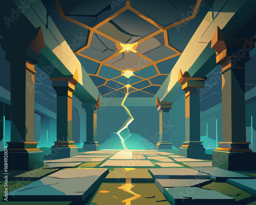 colorful illustration of a ceiling with glowing cracks forming runes