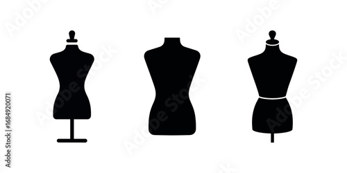 Black silhouette of three different dress forms isolated on a white background