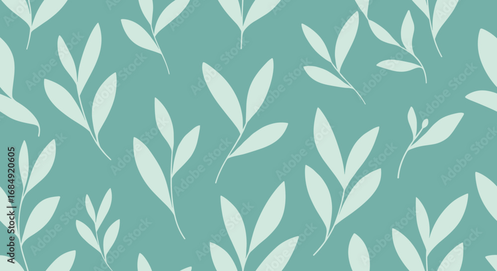 Fototapeta premium Elegant repeating pattern of light green leaves on a serene teal background for naturalistic designs