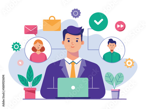 Professional man working remotely with colleagues and business icons