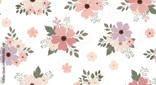 Delicate pastel floral pattern with soft blossoms and greenery for artistic backgrounds and textiles
